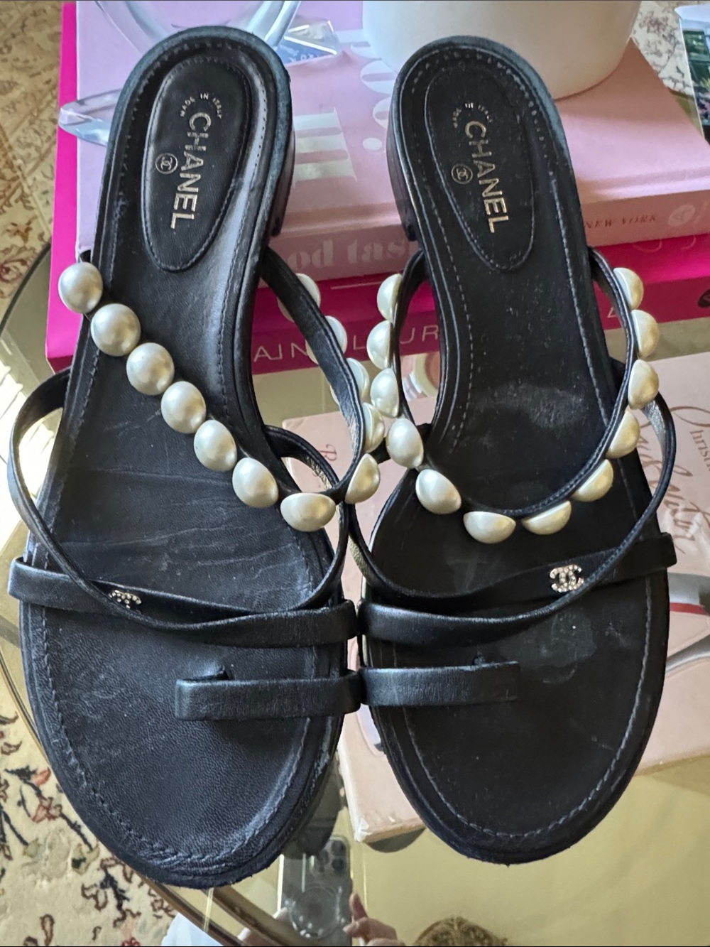 CHANEL Black Leather Pearl-Trim Slide Sandals